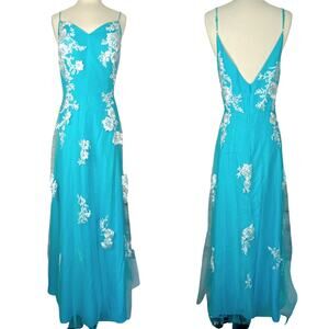 New Formal Sky Blue Flower Floral Lace Overlay Mesh Prom Wedding Gown Maxi Dress